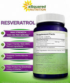 100% Natural Resveratrol - 1000mg Per Serving Max Strength (180 Capsules) Antioxidant Supplement, Trans-Resveratrol Pills for Heart Health & Pure, Polyphenols (Pack of 2)