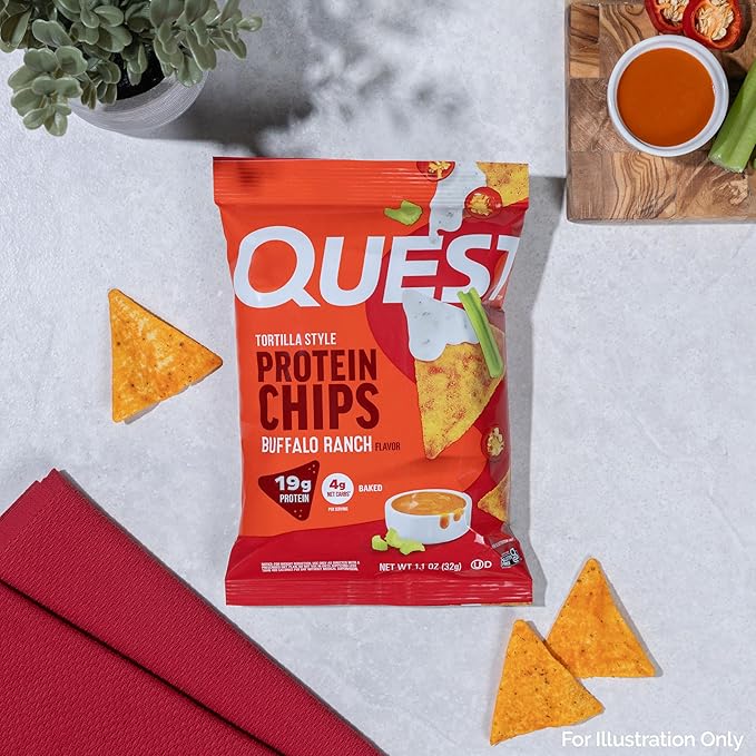 Quest Nutrition Tortilla Style Protein Chips, Buffalo Ranch, 19g of Protein, 4g Net Carbs, Gluten Free Protein Snack, 1.1 Ounce, 4 count