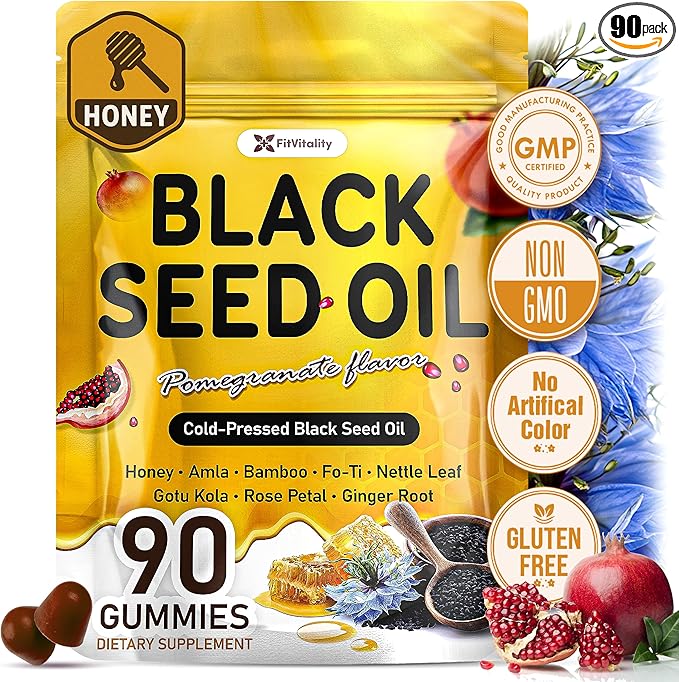 90 Black Seed Oil Gummies | 500mg Cold-Pressed Black Seed Oil, Amla, Bamboo, Fo-Ti, Nettle Leaf, Gotu Kola Extract | Vegan, Non-GMO Gummies | Hair, Skin & Nail Nourishment | Pomegranate Flavor