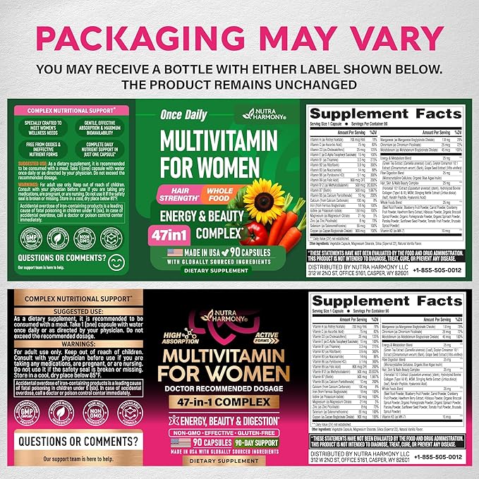 Multivitamin for Women - B-Complex | Whole Foods | Hair Growth Support | Digestion & Metabolism | Iron - 47in1 Womens Multivitamin - Bioavailable & Gentle on Stomach - Made in USA - 90 Capsules