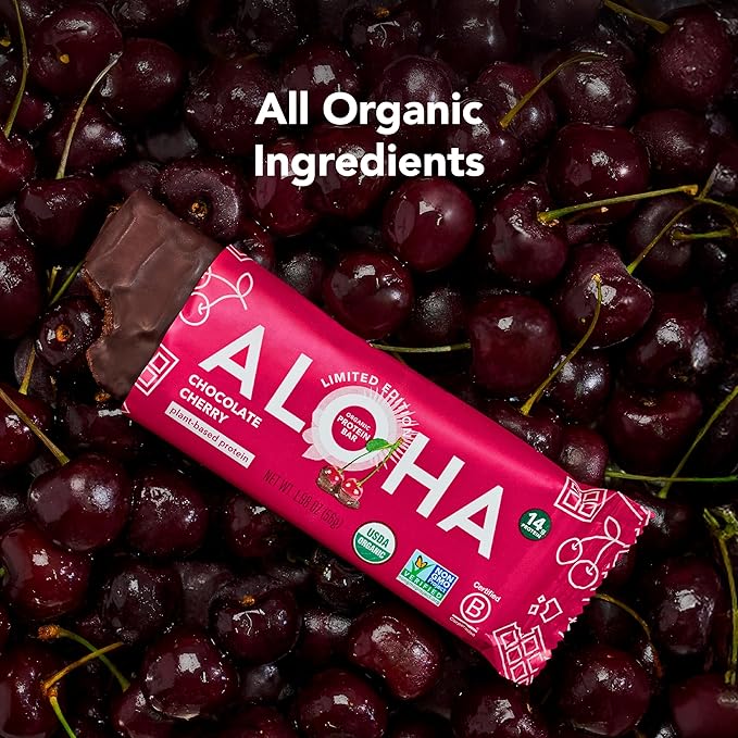 ALOHA Organic Plant Based Protein Bars - Chocolate Cherry - 12 Bars, Vegan, Low Sugar, Gluten-Free, Paleo, Low Carb, Non-GMO, No Stevia, No Erythritol