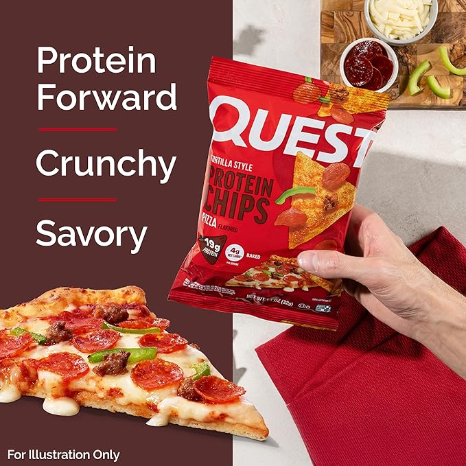 Quest Nutrition Pizza Tortilla Style Protein Chips, 19g Protein, 4g Net Carbs, High Protein Snack, Low Carb, Gluten Free, 1.01 oz bags, 12 Count