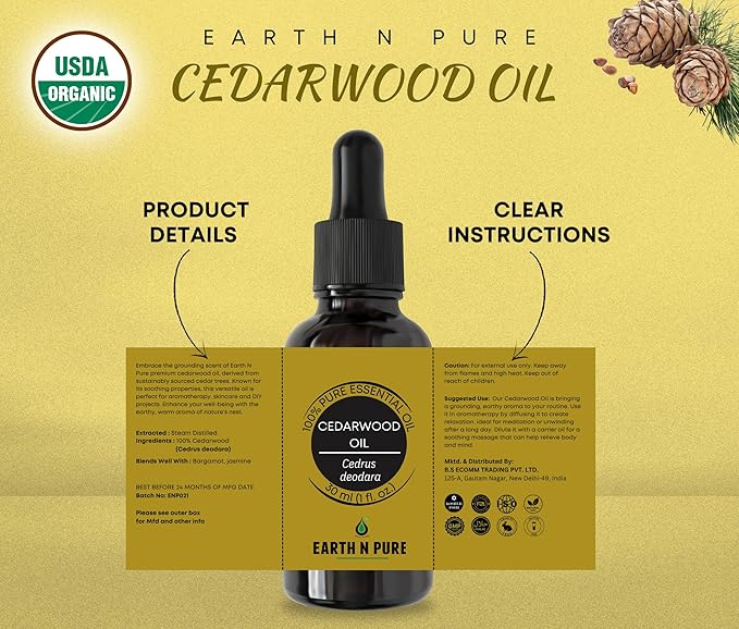 Earth N Pure Cedarwood Essential Oil for Skin and Hair | Natural and Therapeutic Grade | 30 ML
