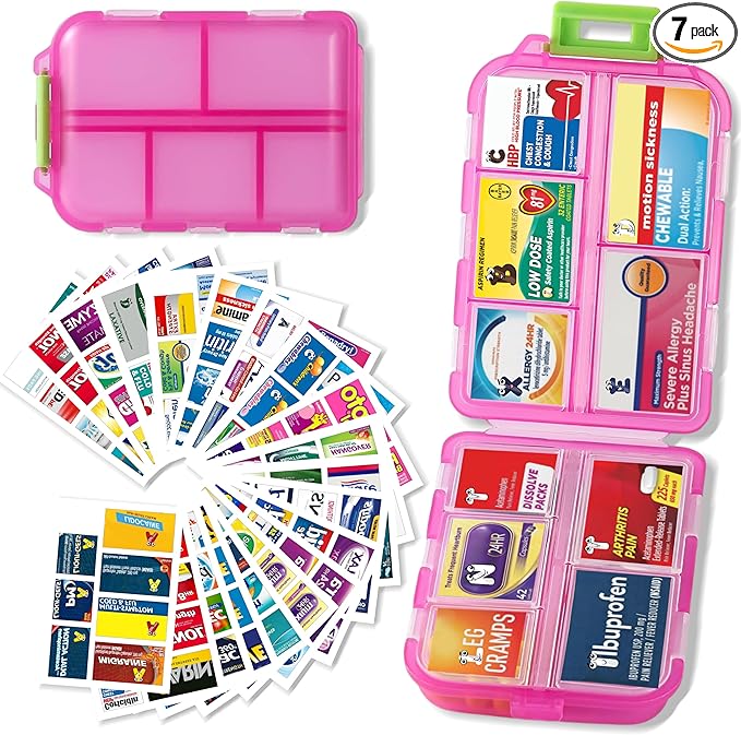 Pill Organizer with Medicine Labels Travel Daily Pill Container Mini Medication Organizer Storage Pill Organizer Travel Essentials Pill Case 7 Day (Pink & 161 Lables)