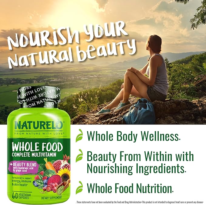 NATURELO Whole Food Multivitamin with Extra Hair, Skin and Nails Support - Beauty Blend with Hyaluronic Acid & Grape Seed - High Potency Biotin, Vitamin C, and Glutathione - 60 Vegan Capsules