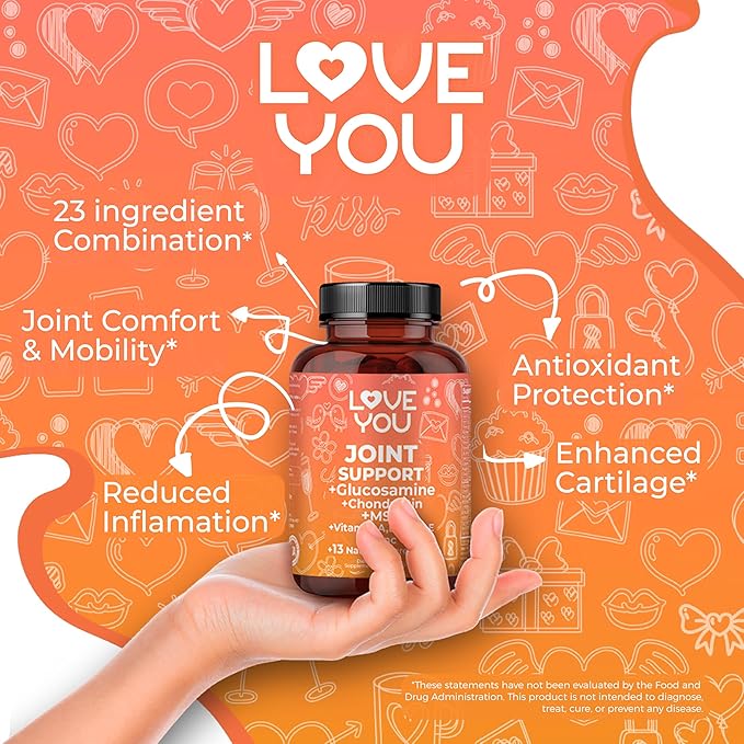 Love You Joint Support Supplement for Relief - Glucosamine, Chondroitin, MSM & Turmeric - Supports Mobility & Flexibility (Bones, Back, Knees, Hands), 90 Tablets, 45-Day Supply - Made in USA