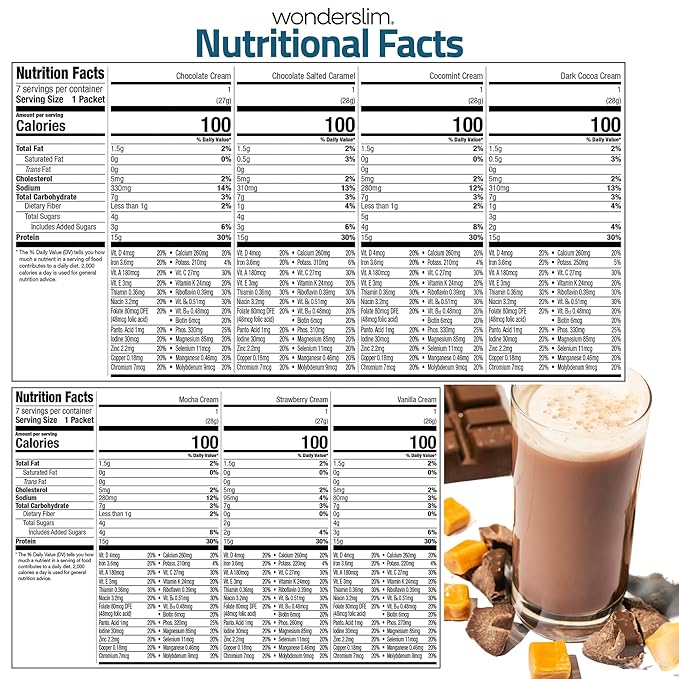 WonderSlim Meal Replacement Shake, Variety Pack, 15g Protein, 24 Vitamins & Minerals, Gluten Free (7ct)
