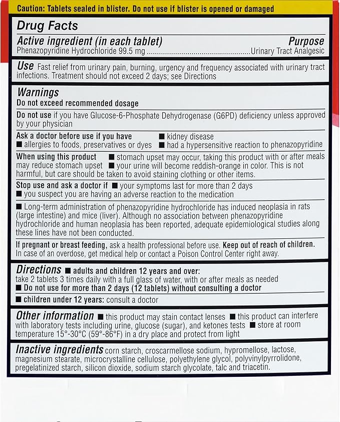 LEADER Urinary Pain Relief Maximum Strength, Fast Relief of UTI Pain, Burning & Urgency, Urinary Tract Infection, Phenazopyridine Hydrochloride 99.5 mg, 12 Tablets