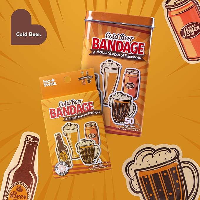BioSwiss Funny Bandages, Cold Beverage Shaped Adult Novelty Self Adhesive Bandage Set, Latex Free, Sterile Wound Care, 50 Count