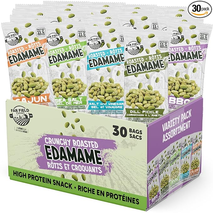 Far Field Crunchy Edamame Beans, Variety Pack, Low Calorie, Healthy Snack for Kids & Adults, 11 g of Protein per Bag, Vegan, Low Carb, 0.9 oz - 30 Single Serve Snacks