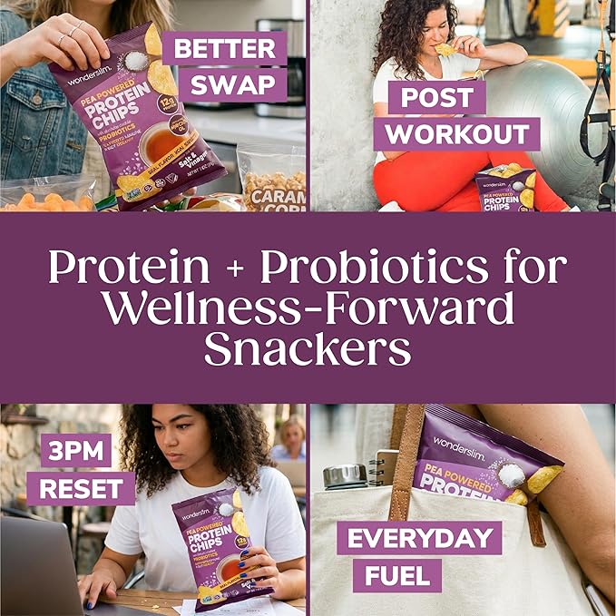Wonderslim Protein Chips with Probiotics, Salt & Vinegar | 12g Plant Protein, 170 Cal | High Protein Chips, Vegan, Gluten Free, Non-GMO | Made with Avocado Oil, No Seed Oils | 12 Pack