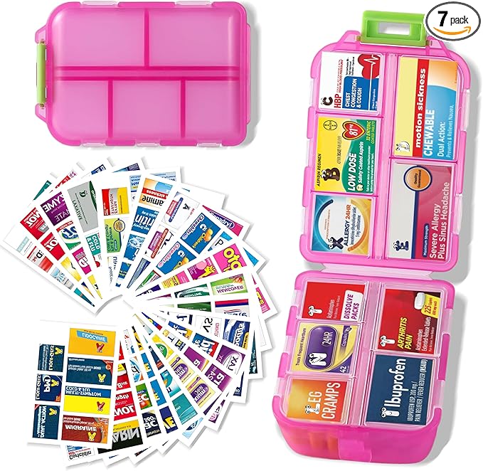 iouwei Large Pill Organizer with Medicine Labels - 7 Day Travel Daily Container, Mini Medication Storage Case (Pink, 161 Labels)