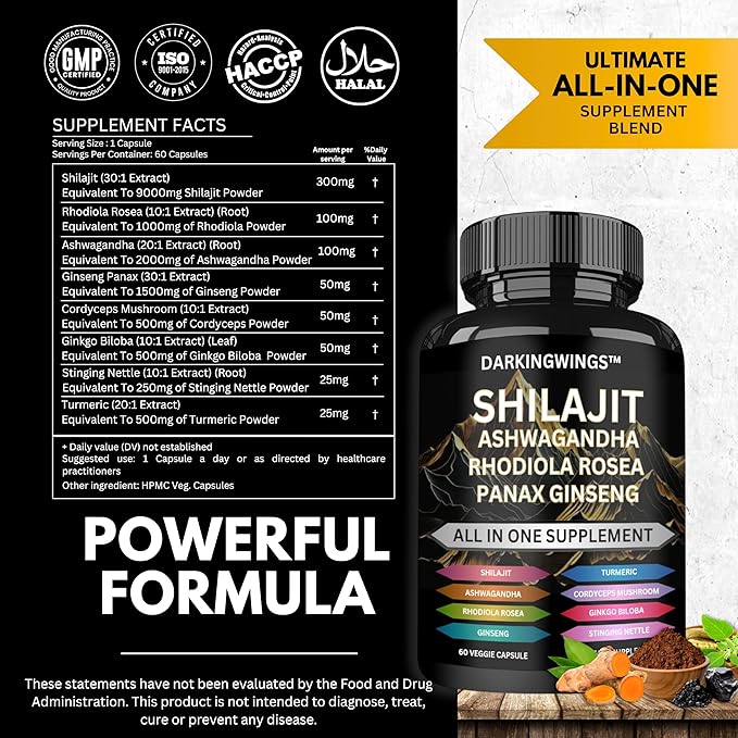 8-in-1 Shilajit 9000 Panax Ginseng 1500MG Ashwagandha 2000MG Rhodiola Rosea 1000MG, Turmeric 500MG, Gingko Biloba 500mg, Stinging Nettle 250MG, Cordyceps Mushroom 500 MG for Full Body Power