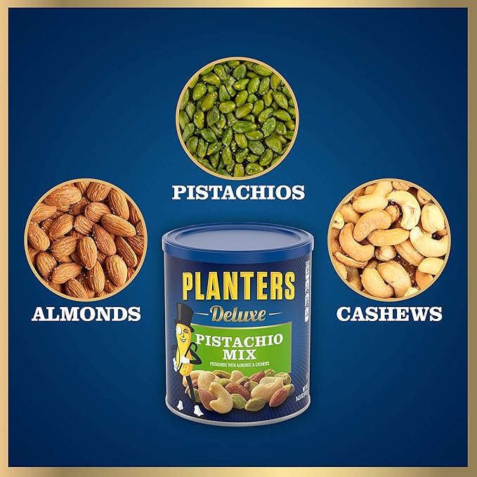 PLANTERS Deluxe Pistachio Mix, Party Snacks, Plant-Based Protein, 14.5 Oz Canister (Pack of 2)