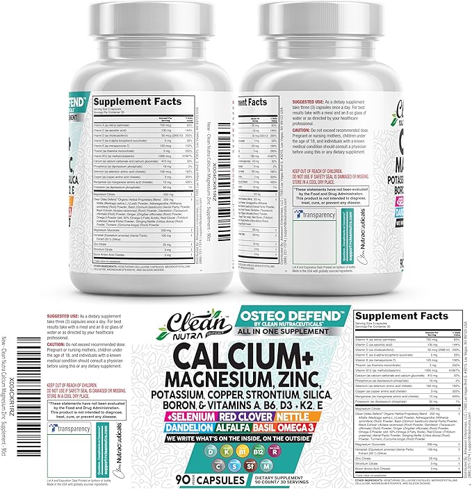 Allin1 Calcium Magnesium Zinc Supplement with Potassium, Copper, Strontium, Silica, Vitamin D3 K2, Boron, Vitamin B1 B12 Red Clover Herb Alfalfa Basil Pills for Men & Women Clean Nutra Osteo Defend
