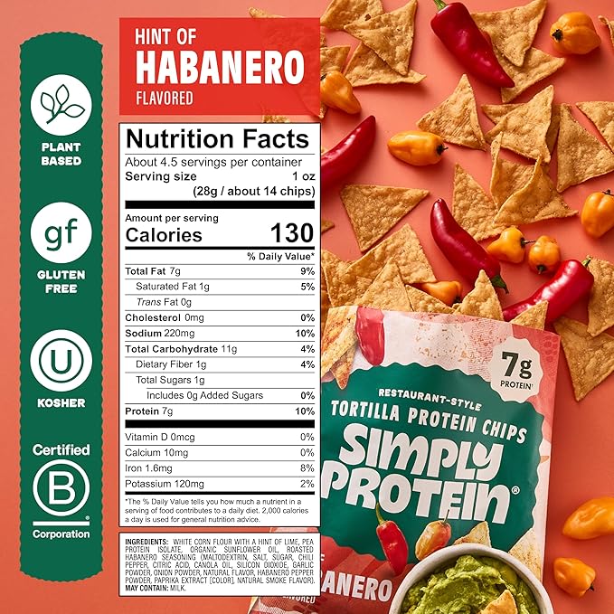 Simply Protein - Tortilla Chips, Restaurant Style Protein Chips, Hint of Habanero (3-Pack) - 7g Protein, 140 Calories, Gluten Free, Vegan - Plant Based Pea Protein Snacks - 3 Bags, 4.58oz (130g)