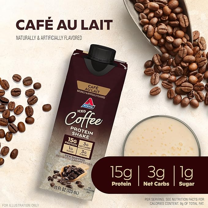 Atkins Café au Lait Iced Coffee Flavored High Protein Shake, Low Sugar and Low Carb, Keto Friendly, Ready to Drink Protein Drink, Gluten Free, 12 Count