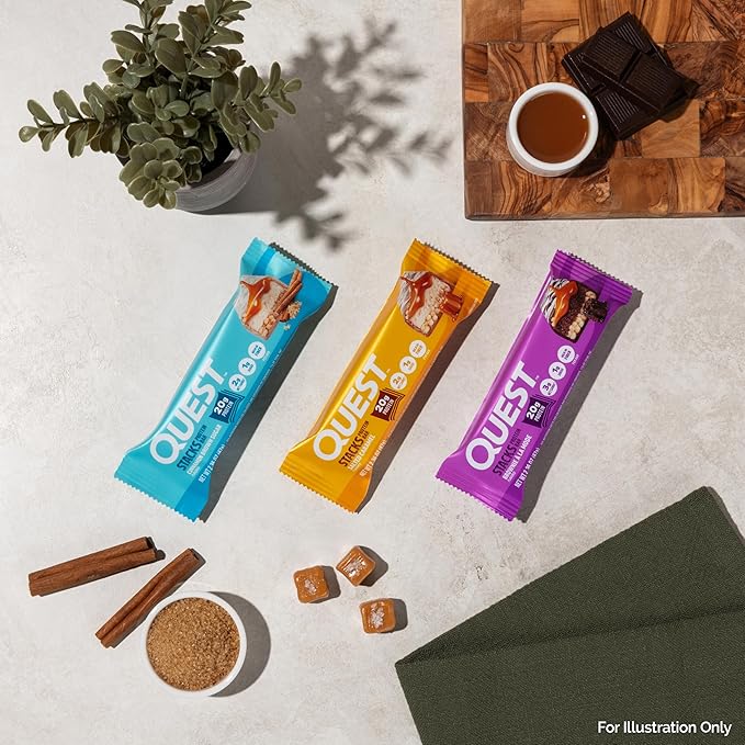 Quest Nutrition Stacks Protein Bars, Cinnamon Brown Sugar, 20g Protein, 2g Net Carbs, 1g Sugar, High Fiber, Low Sugar, Gluten Free, 4 Count