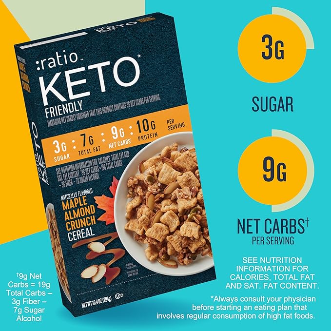 Ratio Trio Maple Almond Crunch Cereal, 10g Protein, Keto Friendly, 10.4 oz (Pack of 4)