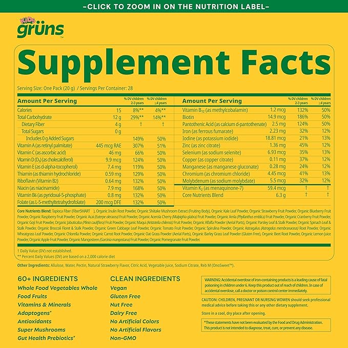 Gruns Multivitamin for Kids, Super Greens Gummies, Superfood Gummy Bears with 20+ Vitamins & Minerals, Spirulina, Chlorella, Alfalfa, Prebiotics Fiber for Digestive Health, Adaptogens Supplement, 28ct