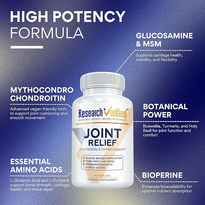 Research Verified Joint Support - Glucosamine, MSM, Turmeric, Boswellia, BioPerine - Vegan - 90 Capsules - 1 Month Supply