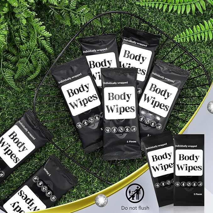 300 Pcs 60 Pack Body Wipes for Adults Bathing No Rinse Individually Wrapped Shower Wipes Washcloth with Aloe Cleansing Body Wash Cloths Disposable Bulk Deodorant Homeless(Black Background)