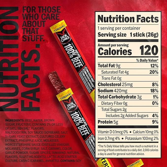 Jack Link's Beef Sticks,Teriyaki - Protein Snack,Meat Stick with 5g of Protein,Beef Jerky Meat Snack Sticks Made with 100%-Beef,Keto Friendly,Individually Wrapped - 0.92 Oz.,(Pack of 40)