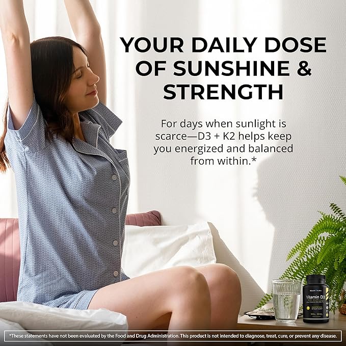 Vitamin D3 K2 3000 IU - with Vitamin K as MK-7 from Natto - High Potency Vitamin D Supplement Support Healthy Bones, Teeth, Heart & Immune Function, Gluten-Free - 90 Capsules