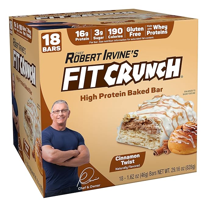 FITCRUNCH Snack Size Protein Bars, 6-Layer Baked Bar, 3g of Sugar & Soft Cake Core (18 Bars, Cinnamon Twist)