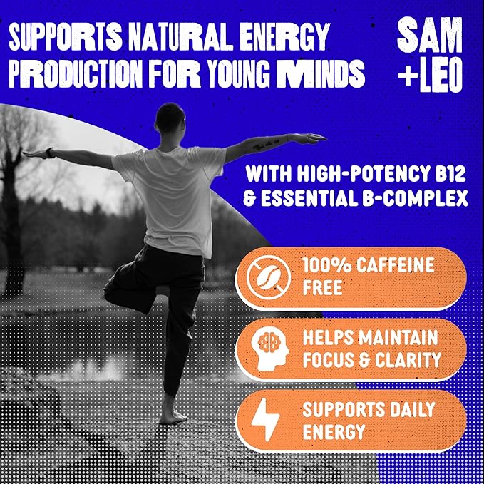 SAM+LEO Vitamin B Complex Gummies with Biotin for Kids & Teens - Caffeine-Free Focus & Energy Support Supplement Gummies | Vegan & Gluten Free Supplement - Strawberry Flavor (60 Count)