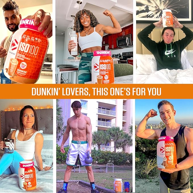 Dymatize x Dunkin' Cappuccino ISO100 Whey Protein Powder, 95mg Caffeine, 25g of Protein5.5g BCAAs, 120 Cal., Gluten Free, 1g Fat, 1g Sugar, 2g Carb (20 Servings)