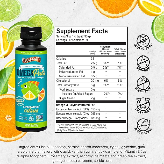 Barlean's Omega Pals Lipsmackin' Citrus Flavored Omega-3 for Kids, Yummy Children's Liquid Fish Oil Supplement with 750 mg of EPA & DHA for Brain & Eye Health, 8 oz, 2 Pack