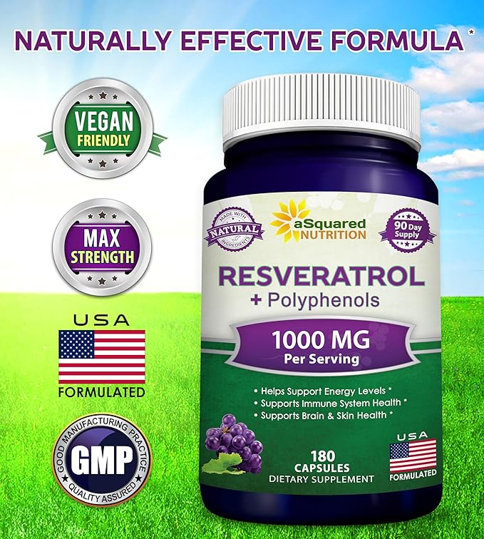 aSquared Nutrition Natural Resveratrol with Red Wine Extract - 180 Capsules - Trans Resveratrol Antioxidant Supplement Pills for Pure Heart Health - Extra Strength Trans-Resveratrol