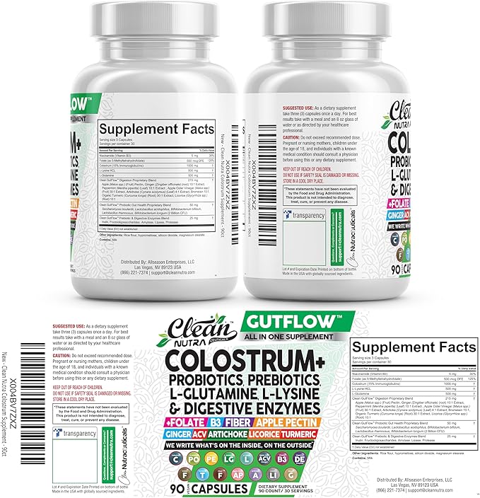 Clean Nutraceuticals Colostrum Supplement Capsules Probiotics Pills Prebiotics, L-Glutamine, Digestive Enzymes, Folate, Fiber, ACV, Turmeric, Apple Pectin and Turmeric Pills