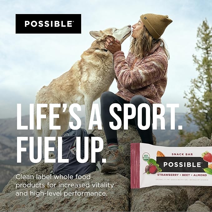 POSSIBLE Snack Bar - Whole Food Snack to Support a Healthy & Active Lifestyle - 10g of Organic Plant-Based Protein - Energy Support with Healthy Fats - Strawberry Beet Almond, 12 Count (Pack of 1)