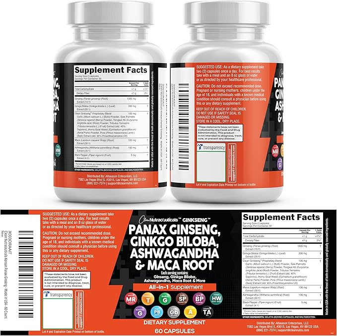 Clean Nutraceuticals Panax Ginseng Ginkgo Biloba Ashwagandha Maca Root - Focus Supplement Pills for Women and Men with Pine Bark Extract, Garlic, and Saw Palmetto - 60 Caps