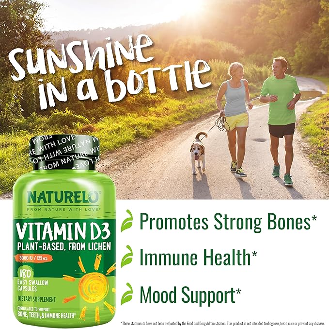 NATURELO Vitamin D - 5000 IU - Plant Based from Lichen - Natural D3 Supplement for Immune System, Bone Support, Joint Health - High Potency - Vegan - Non-GMO - Gluten Free - 180 Capsules (Pack of 2)