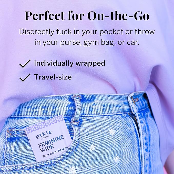 Pixie Feminine Wipes - Flushable, Biodegradable, & Ph Balanced - Individually Wrapped Packet Wipes for On The Go & Public Bathrooms - Wash & Cleaner For Your Menstrual Cups & Discs (2 Packs of 20)