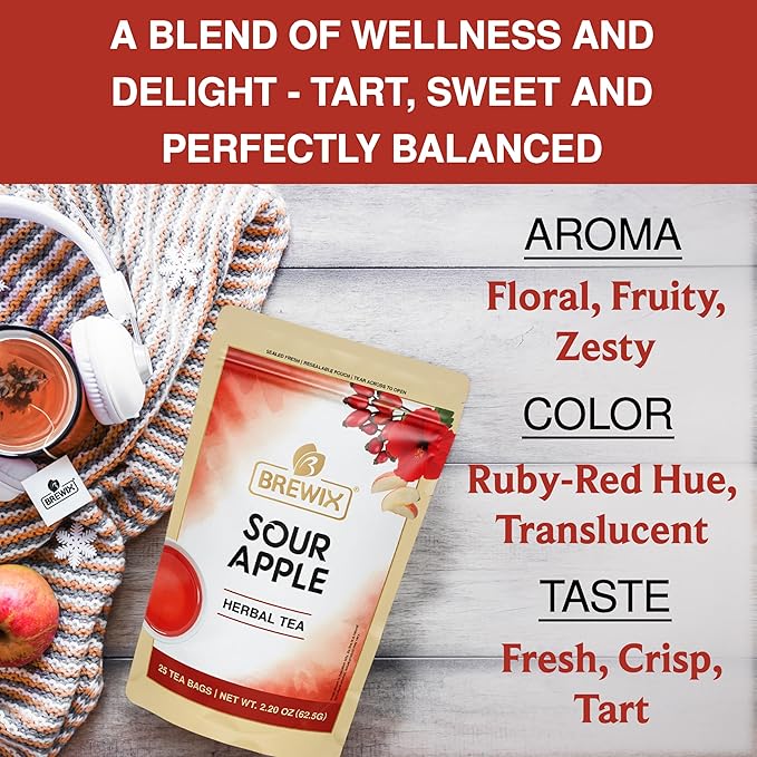 BREWIX, Sour Apple Hibiscus Tea Bags (25 Pyramid Tea Bags) Caffeine-Free Herbal Tea | Apple, Hibiscus, Rosehip | Refreshing Wellness Brew for Any Mood | Hot or Iced Refreshment
