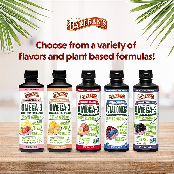 Barlean's Strawberry Banana Flaxseed Oil Liquid, Vegan Omega 3 6 9 Supplements for Kids & Adults from Cold Pressed Flax Seed Oil with 2,968 mg of Vegan Omegas, Non-GMO & Gluten Free, 8 oz