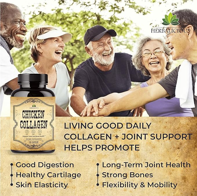 HERBALICIOUS Chicken Collagen Capsules – Collagen Supplement for Joint, Skin & Bone Support – Hydrolyzed Collagen Peptides from Chicken Bone Broth – Non-GMO, Anti-Aging – 120 Capsules