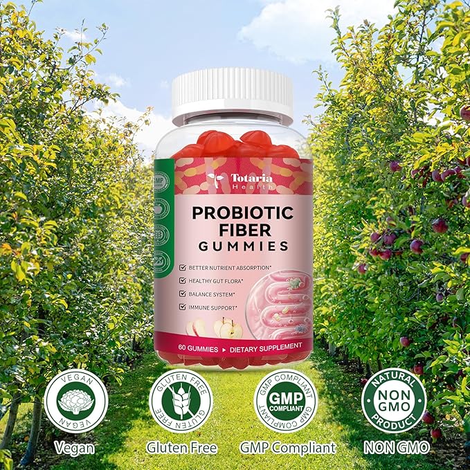 Totaria 9-in-1 Probiotic Fiber Gummies for Adults & Teens 16G Fiber per Serving, Psyllium Fiber Supplement with 5 Billion CFU Bacillus Coagulans, Inulin, ACV for Digestive & Gut Wellness - 60 Gummies