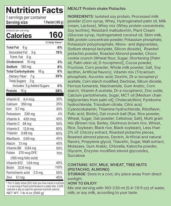 Pistachio Protein Shake - 15g Protein & 7g High Fiber, Low Sugar, Keto-Friendly Meal Replacement Powder with Roasted Pistachio Pieces & Chocolate Cookie Crunch 19.8 oz 14 Servings