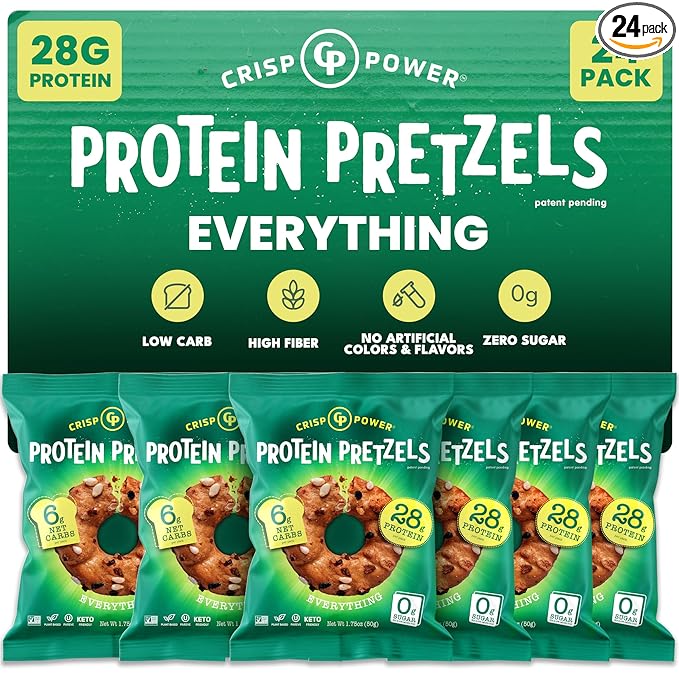 CRISP POWER Protein Pretzels, Everything, 28G Protein, High Protein Snack, High Fiber, Low Carb Crunchy Pretzel Snacks, No Added Sugar, 1.75 oz Bags, 24 Pack, Vegan, Keto