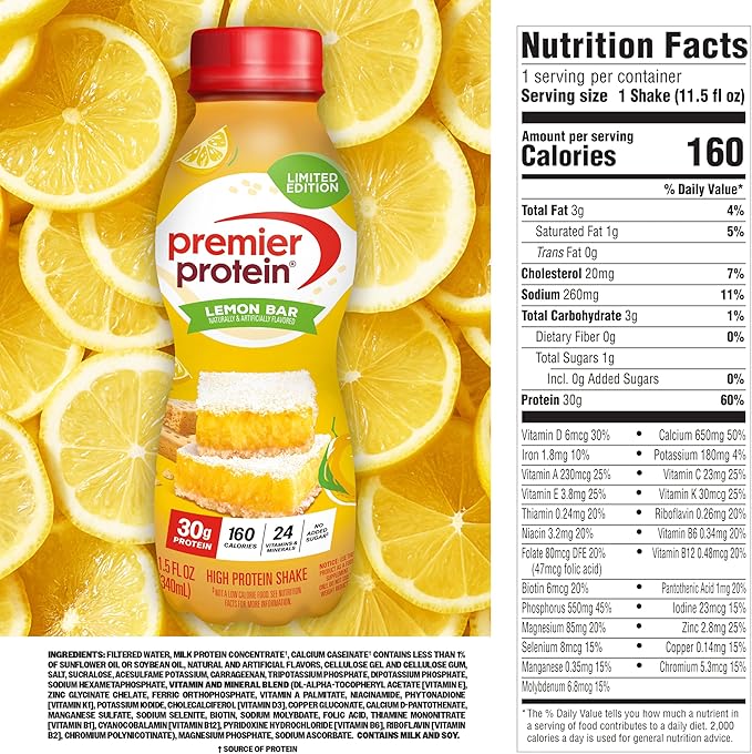 Premier Protein Shake,Limited Edition,Lemon Bar,30g Protein,1g Sugar,24 Vitamins & Minerals,11.5 oz,(Pack of 24)