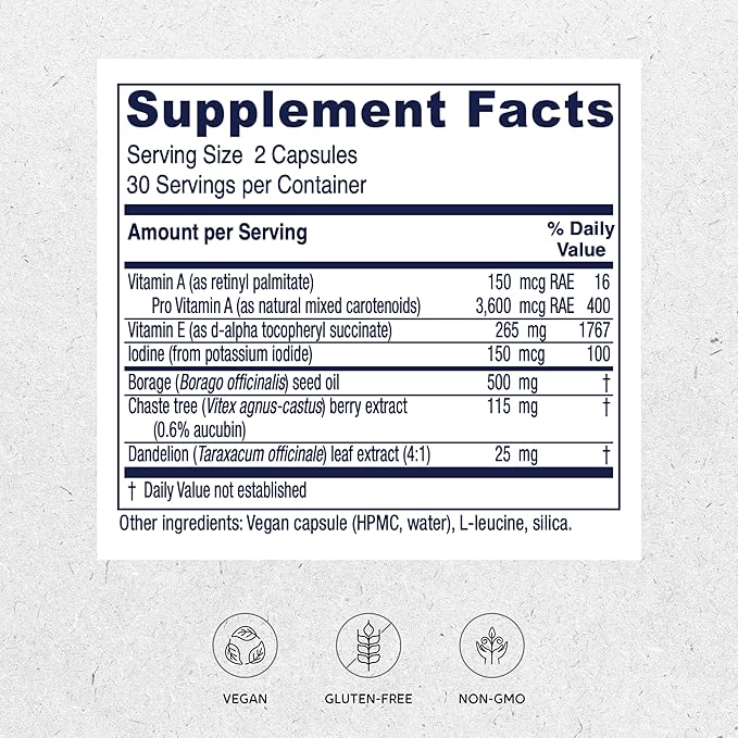 Vitanica Breast Cycle Blend, Breast Cycle Support, Iodine, Borage Seed Oil, Chaste Tree Berry (Vitex), Dandelion, Vegan/Vegetarian, 60 Capsules