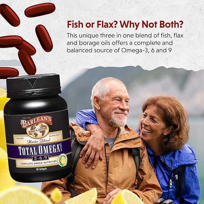 Barlean's Total Omega 3 6 9 Softgels, Blended Fish Oil Supplement with Borage and Flaxseed Oil, 1,000 mg Omegas ALA, EPA, DHA and GLA for Joint Support Supplements and Heart Health, 90 Count