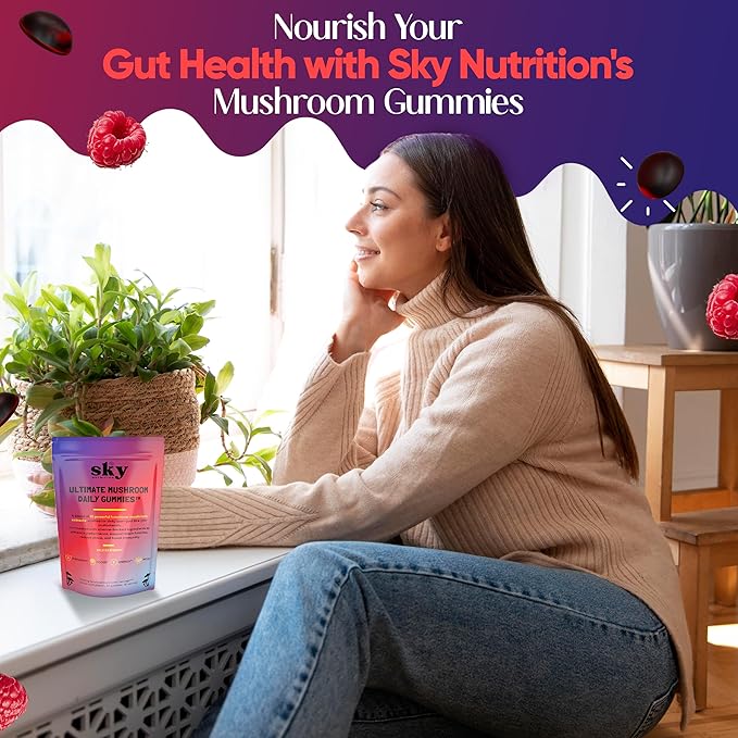 Mushroom Gummies - 10-in-1 Adaptogenic Mushroom Supplement for Adults - Lions Mane, Reishi, Cordyceps, Chaga, Turkey Tail - Raspberry Flavored Vegan Gummies for Focus & Energy - 60 Ct.