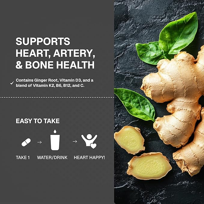 Weider Artery Health - Artery Flexibility & Heart Health - with Vitamin K2, D3 & Ginger - Bone & Immune Support* - Gluten Free & Vegan - 30 Veggie Capsules