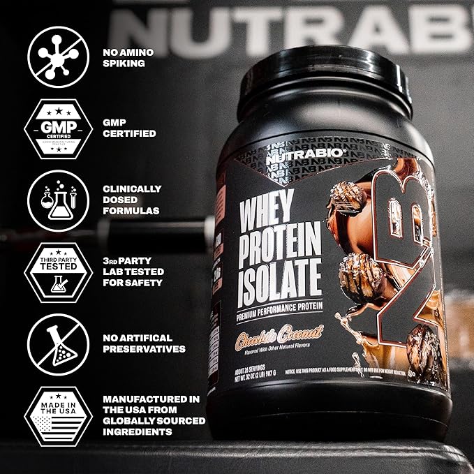 NutraBio 100% Whey Protein Isolate Protein Powder, 25g Protein with Complete Amino Acid Profile, Non-GMO, Soy & Gluten Free, Low Carb, Low Calorie Whey Protein Powder, Chocolate Coconut, 2 Lbs